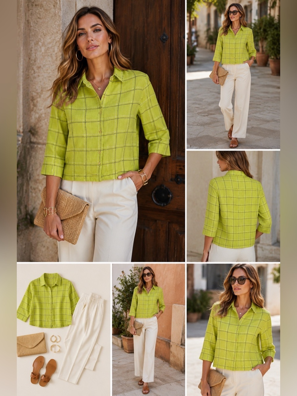Westbound Green 3/4 Sleeve Boxy Button Down Shirt (845)